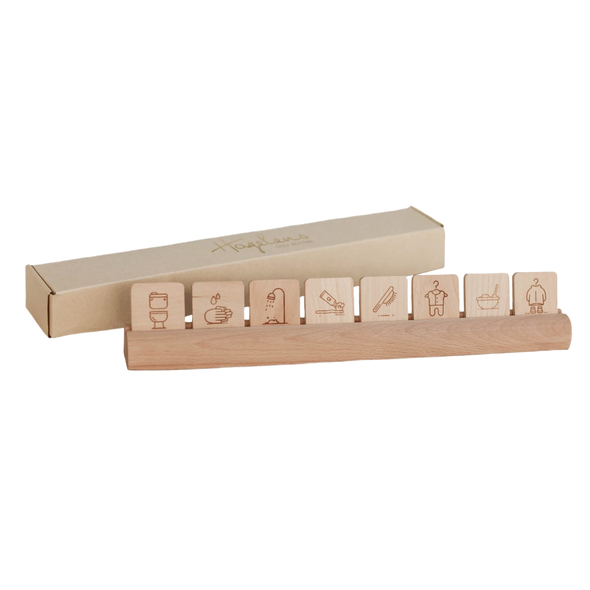 Hagelens ochtend routine pictogrammen set hout met plankje