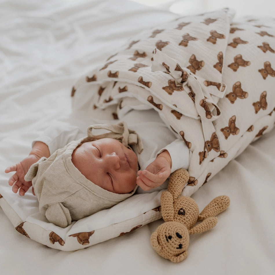 Babyly mousseline slaapzak en wikkeldeken teddy beren