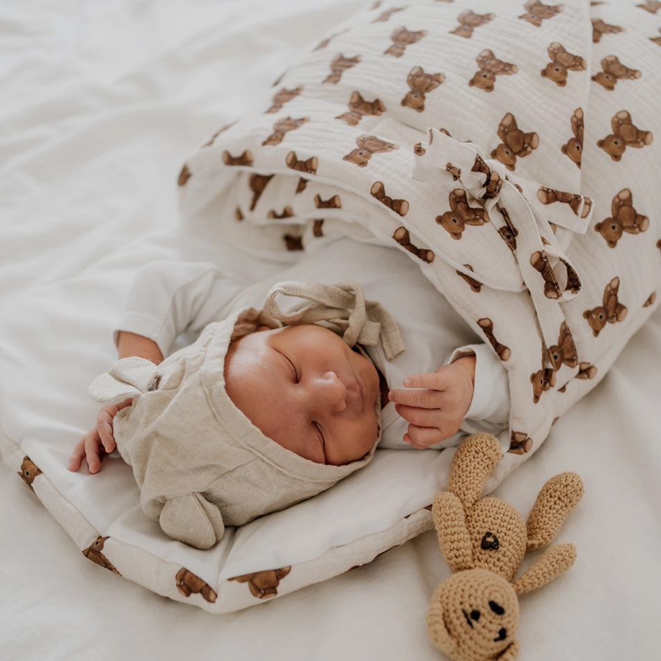 Babyly mousseline slaapzak en wikkeldeken teddy beren